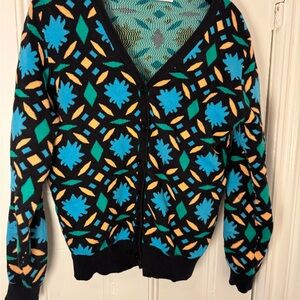 Kling - Black Cardigan with Teal & Yellow Geometric Pattern - from Spain